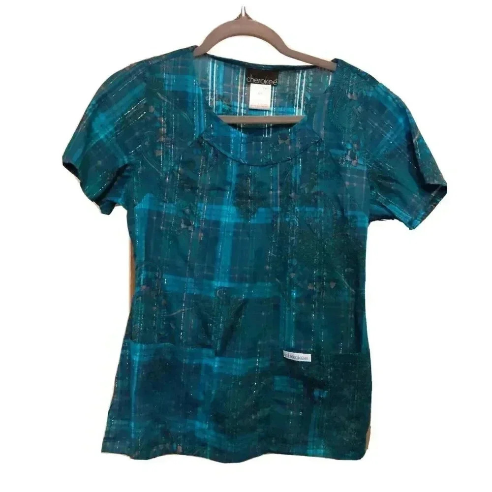 Cherokee Womens Plaid Floral Medical Nursing Scrub Top Sz XS Teal Gold Holiday
